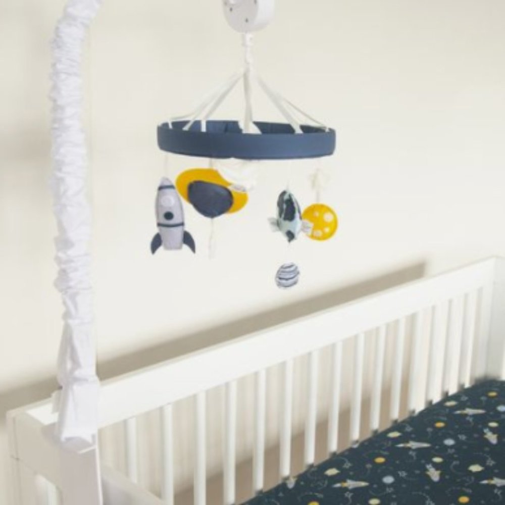 Both Trend Lab Musical Crib Mobile  and Crib Navy Sheet Galaxy